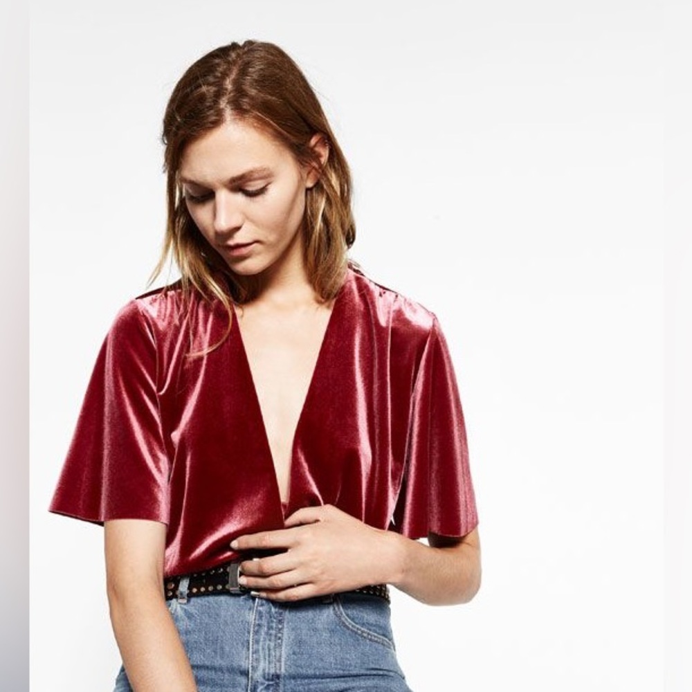 Zara Women’s Velvet Burgundy Bodysuit Blouse - Picture 4 of 6
